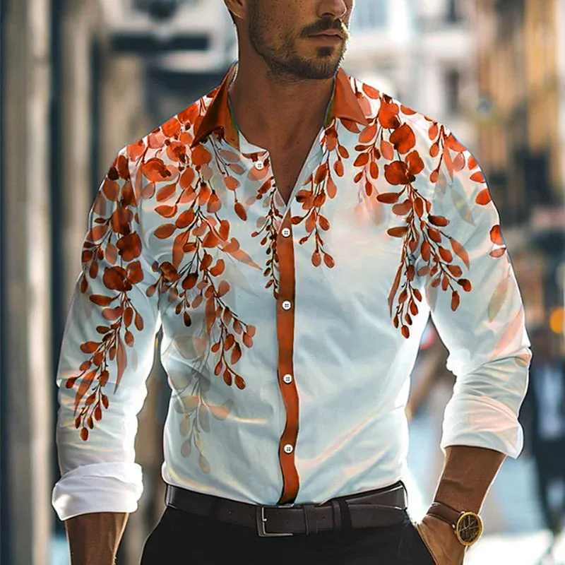 Camisa havaiana padrão colorido da folha da flor dos homens, blusa impressa 3D planta, casual solta manga longa lapela tops, camisas Aloha