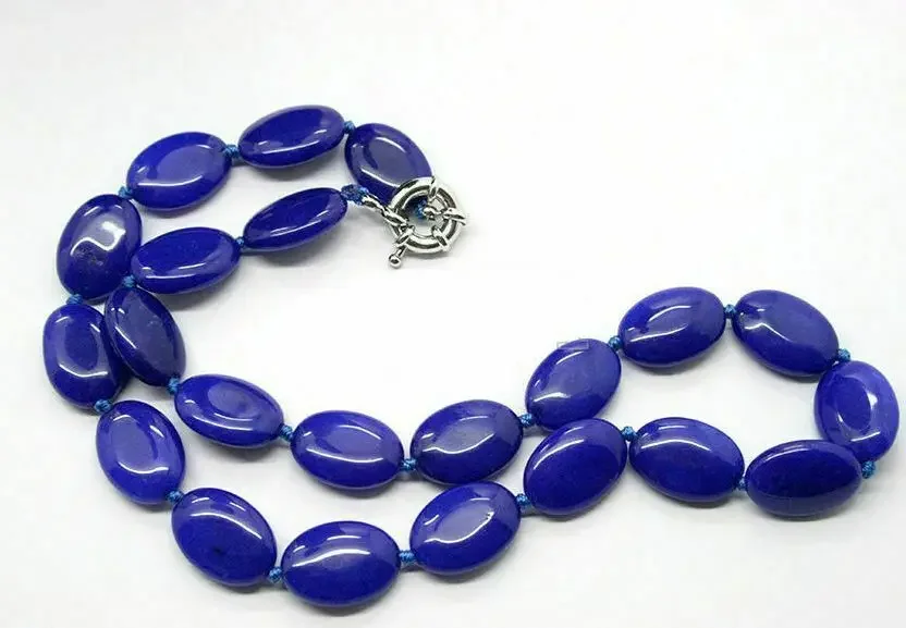 13X18MM NATURAL SAPPHIRE BLUE JADE OVAL GEMS BEADS NECKLACE 18