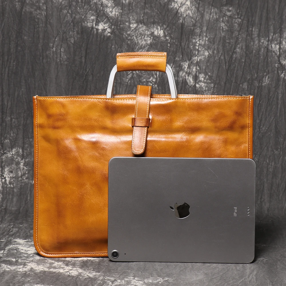 LUOKIR New Genuine Leather Briefcase Top Layer Cowhide Shoulder Crossbody Bag Vintage Style Fashion Large Capacity iPad Bag