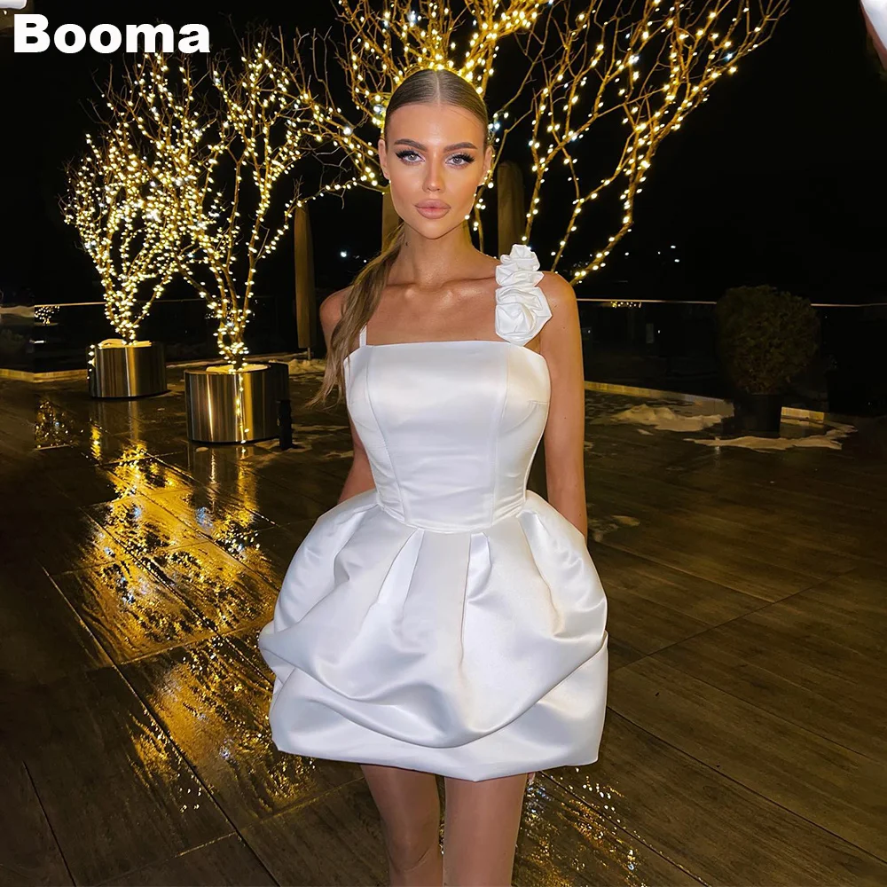 

Booma Simple A-Line Short Wedding Party Dresses Flowers Sleeveless Mini Brides Dresses for Women Stain Puff Cocktail Dresses