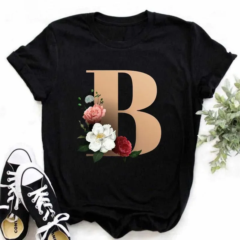 A B C D E F English Alphabet Print T Shirt Women New Summer his-and-hers clothes  Harajuku Casual Black Tops