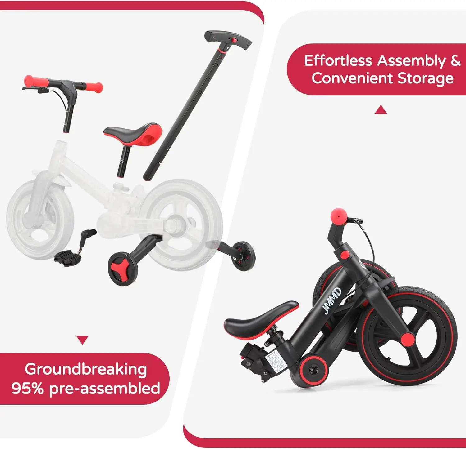 Peuterfiets met duwhandgreep voor kinderen van 18–60 maanden, 6-in-1 opvouwbare duwfiets met zijwieltjes, pedalen, remmen, standaard,