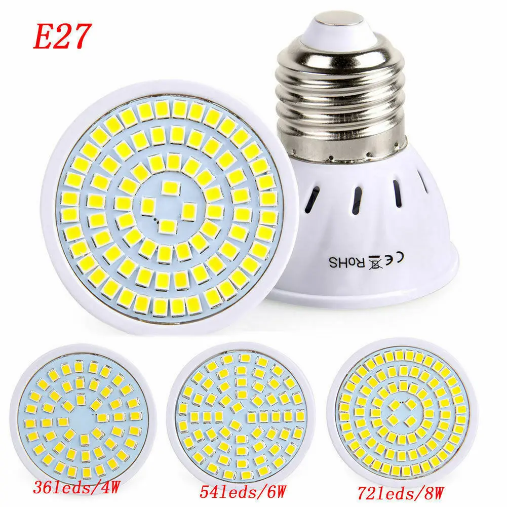 E27 LED Diode Lamp 2835 SMD plastic cup LED spotlight AC/DC 10-30V 110V 220V  Bright White Lamp Home Hotel Spotlights 4W 6W 8W