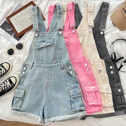 Fashion Cargo Denim Suspender Shorts Summer Double-pocket Jumpsuit Women Casual Wide-leg Straight Short Jeans