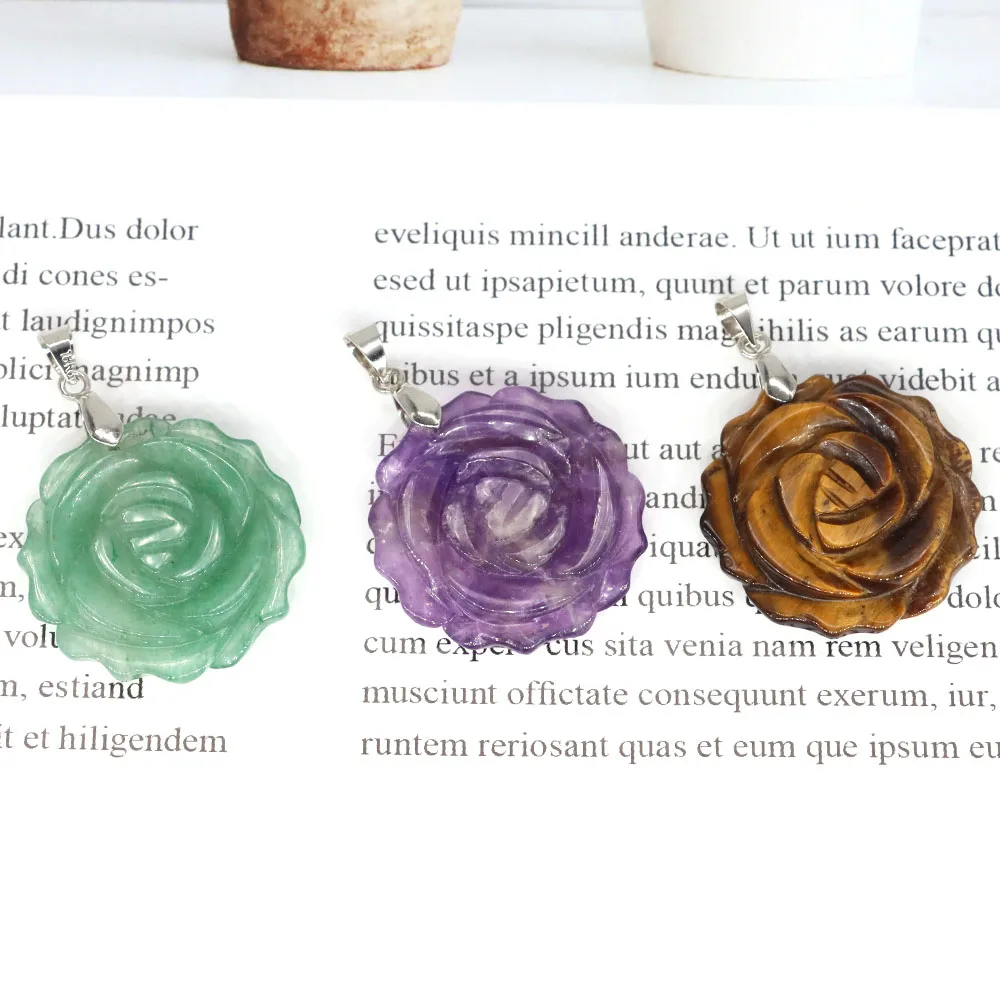 25mm Rose Flower Shape Pendant Natural Stone Crystal Amethyst Healing Necklace Carved Jewelry Charm Accessory Valentine Gifts