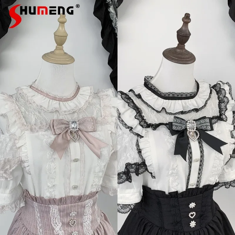 

Japanese Sweet Lolita 2 Piece Set Mine Series Lace Ruffle Blouse + High Waist Skirt with Rhinestone Bow For Women's Y2k Clothes