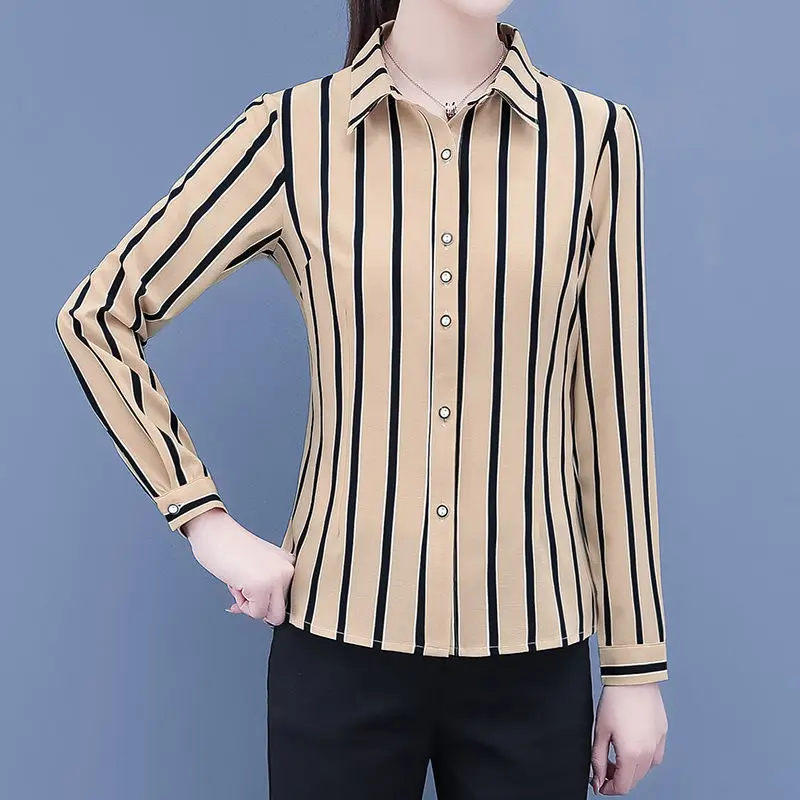 Striped Printing Women\'s Clothing 2023 New Long Sleeve Slim Ladies Tops Spring POLO Collar Fashion Fashion Button Chiffon Shirt