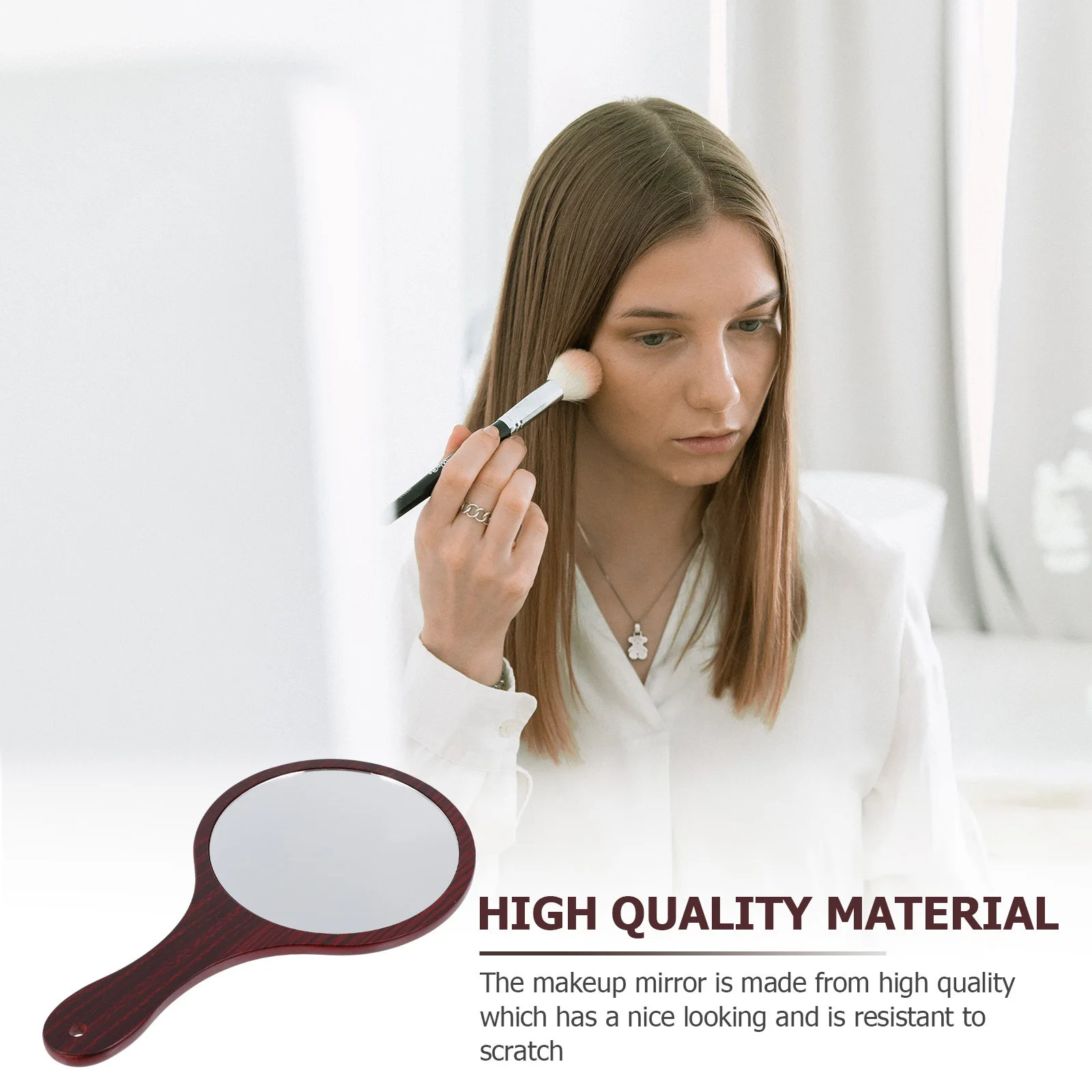 1Pcs Wooden Handle Makeup Mirror Retro Scratch Resistant Handheld Portable Lightweight Vanity Mirror for Travel Use