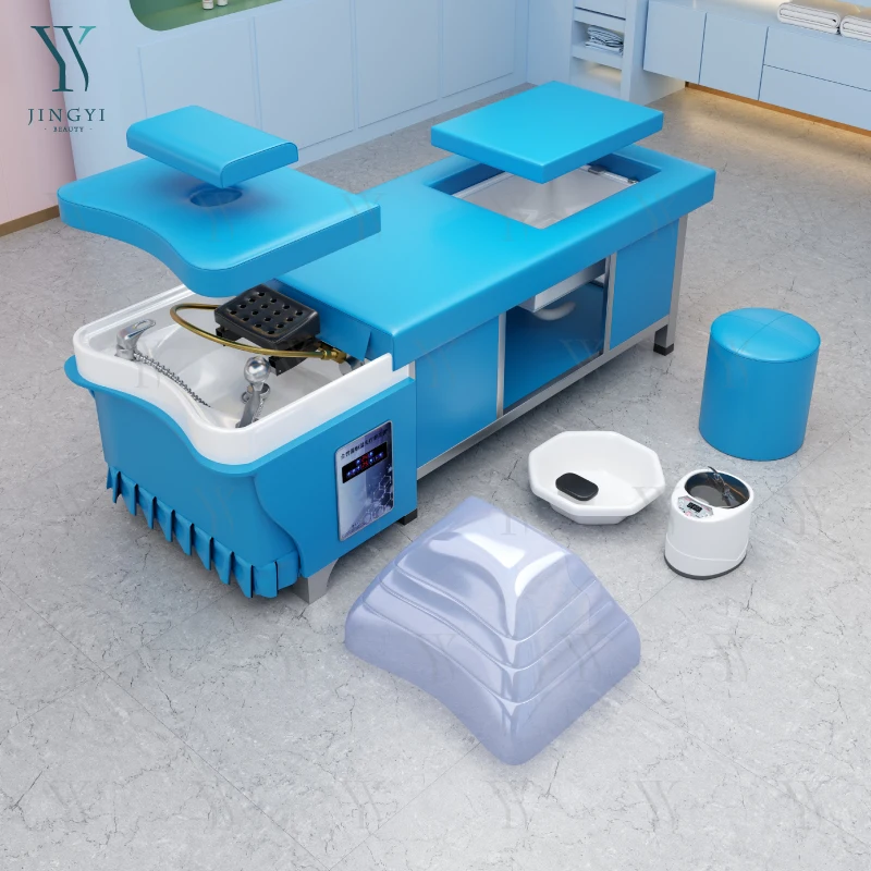 

Luxury Salon Furniture Thai Spa Head Water Therapy Beauty Hair Stainless Steel Blue Shampoo Pedicure Bed with Storage Cabinet