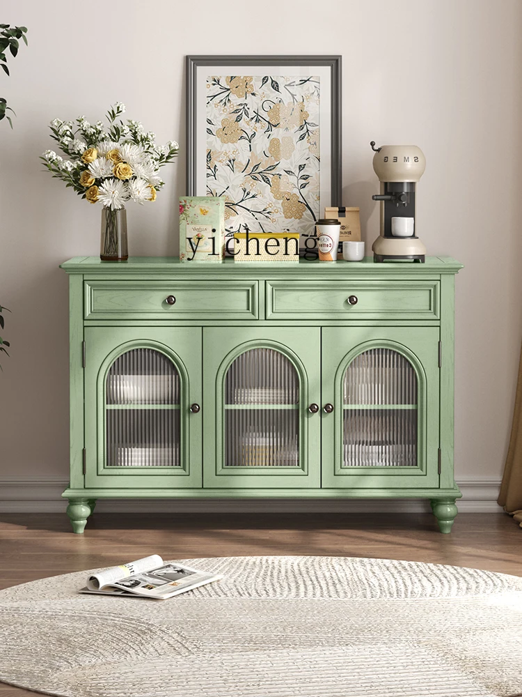 Zc Solid Wood Arch Vintage Green Sideboard Cabinet Integrated Wall Wine Cabinet Living Room Retro Porch Locker