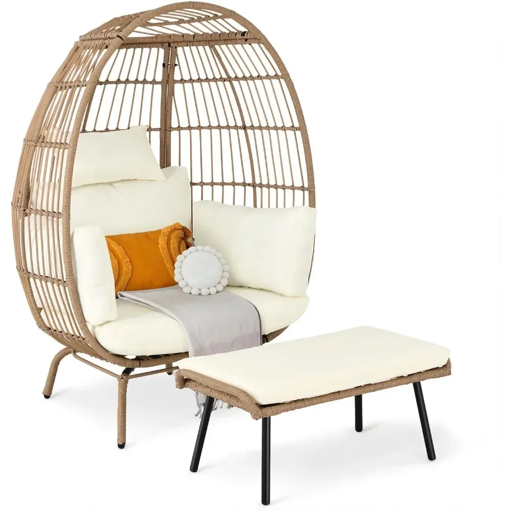 

A Egg Basket Chair, Wicker Egg Chair with Ottoman Outdoor Indoor Oversized Lounger with Stand, Cushions, Patio Swing