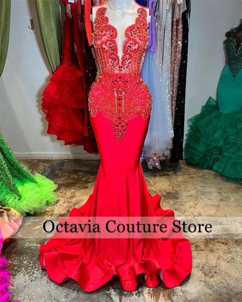

Red O Neck Long Prom Dresses For Black Girl Bead Crystal Rhinestone 2024 Birthday Luxury Dress Tassel Graduation Gown Customized