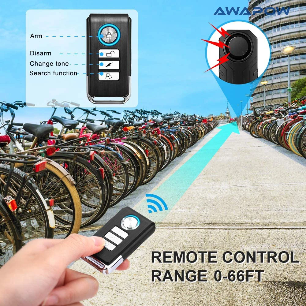 Awapow Anti Theft Bicycle Alarm 113dB Vibration Remote Control Waterproof Alarm With Fixed Clip Motorcycle Bike Safety System