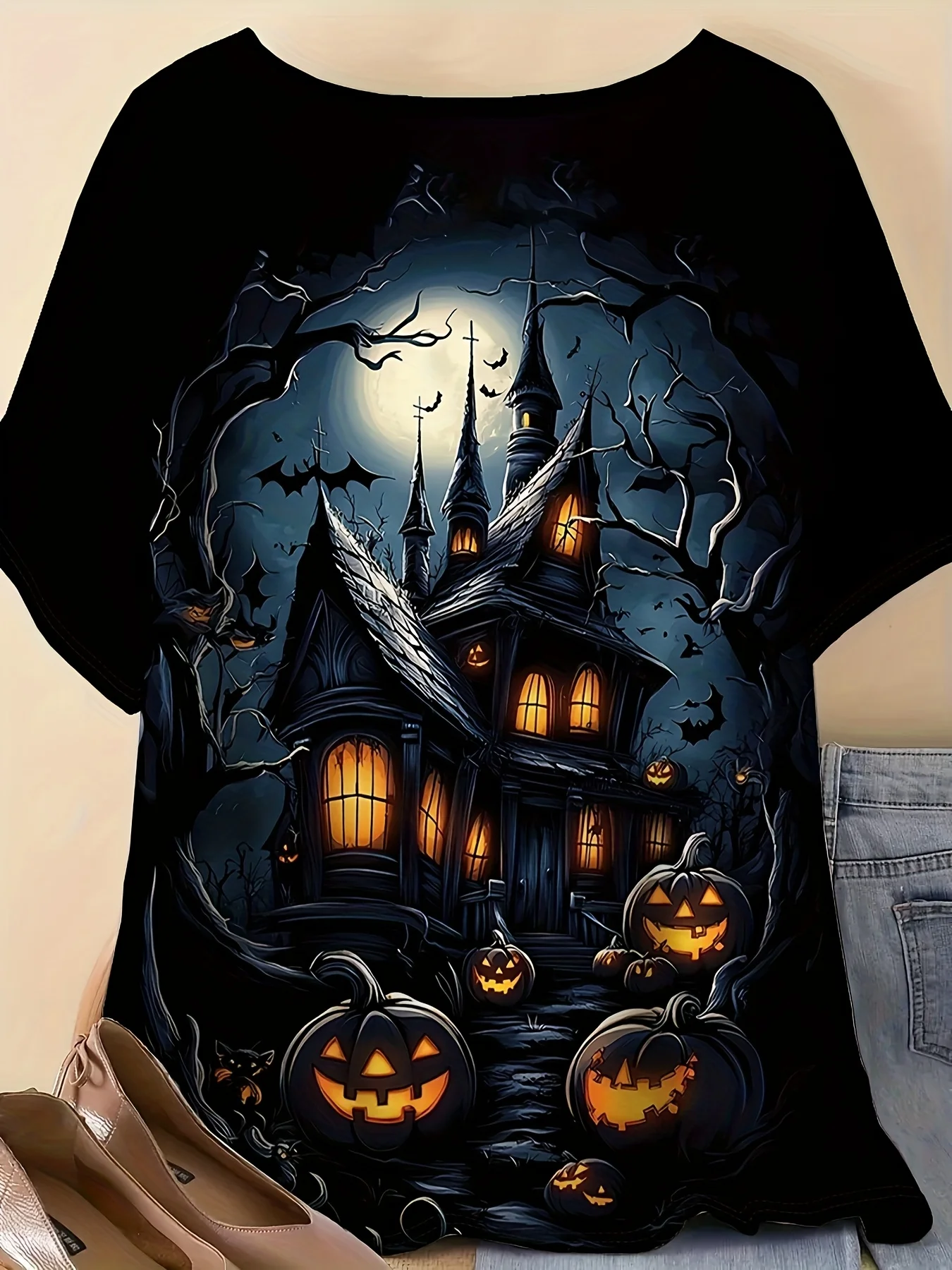Women Halloween Haunted House Pumpkin Bat Print T‑Shirt Full Moon O‑Neck Short Sleeve Tops