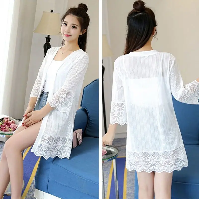 

Spring/Summer Women's 3/4 Sleeves Chiffon Shirt Thin Open Front Sun Protection Clothing Sexy Hollow Lace Shawl Top E834