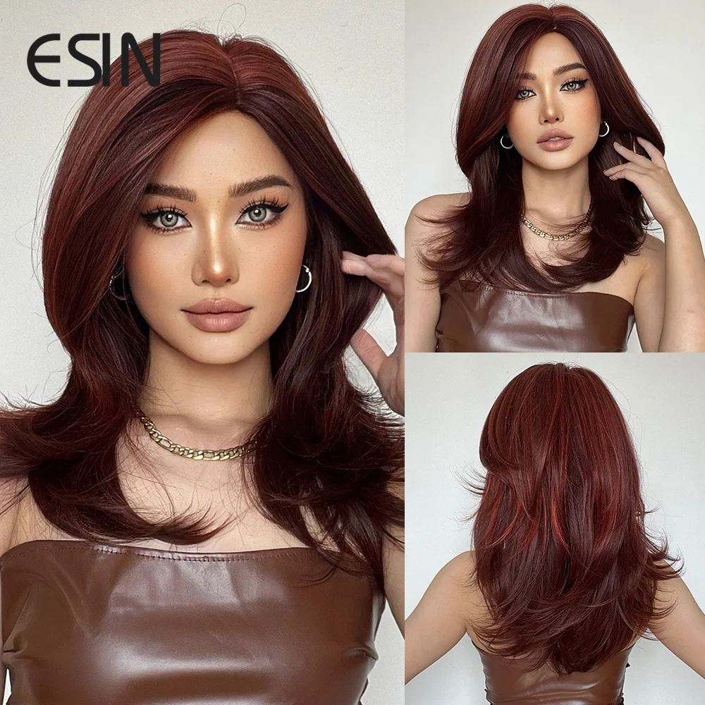 

ESIN Short Wine Red Bob Wavy Curly Wigs With Bangs Synthetic Wig For Women Natural Hair Wigs Heat Resistant Hair