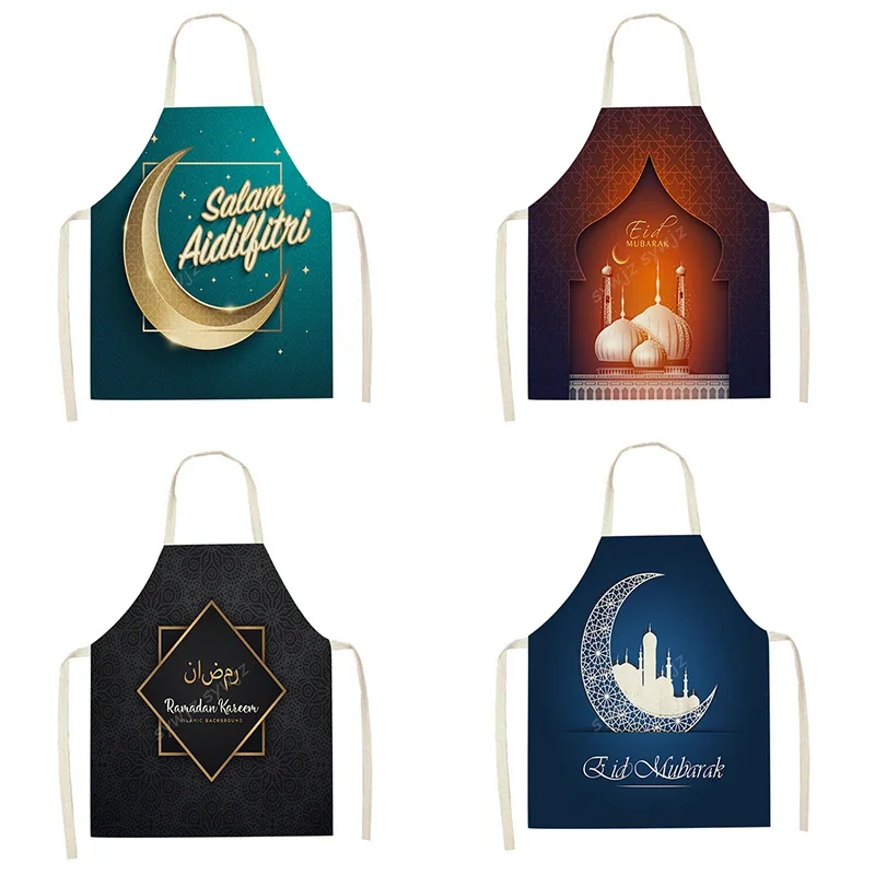 Chef Apron Muslim Eid Printed Kitchen Women Ramadan Karim Home Cooking Baking apron Star Crescent Waist Pocket decoration