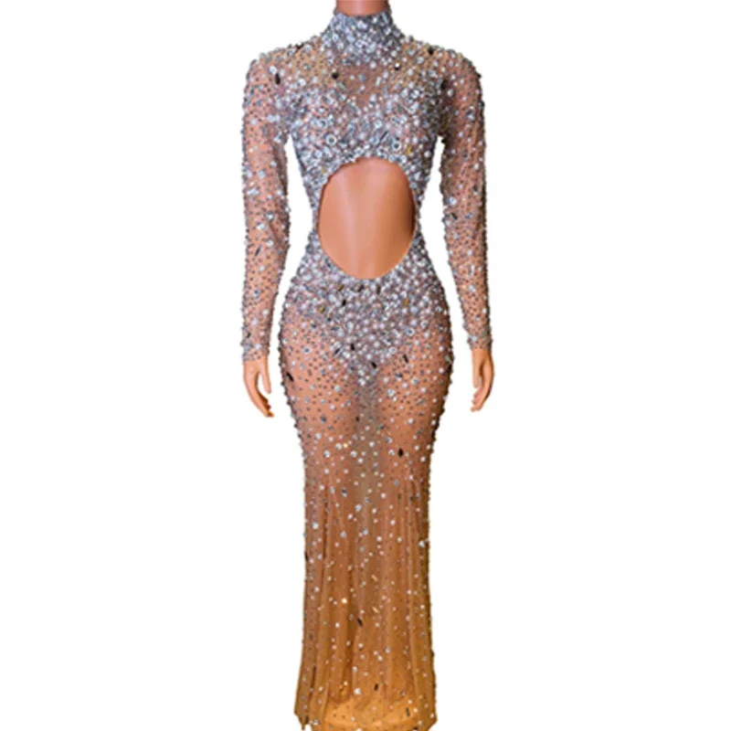 ชุดเดรสผู้หญิงประดับเพชรเต็มตัว ดีไซน์เซ็กซี่ ผ้าตาข่ายโปร่ง ชุดนักร้องหญิง ชุดแสดงบนเวที ชุดเทศกาล รุ่น XS6721