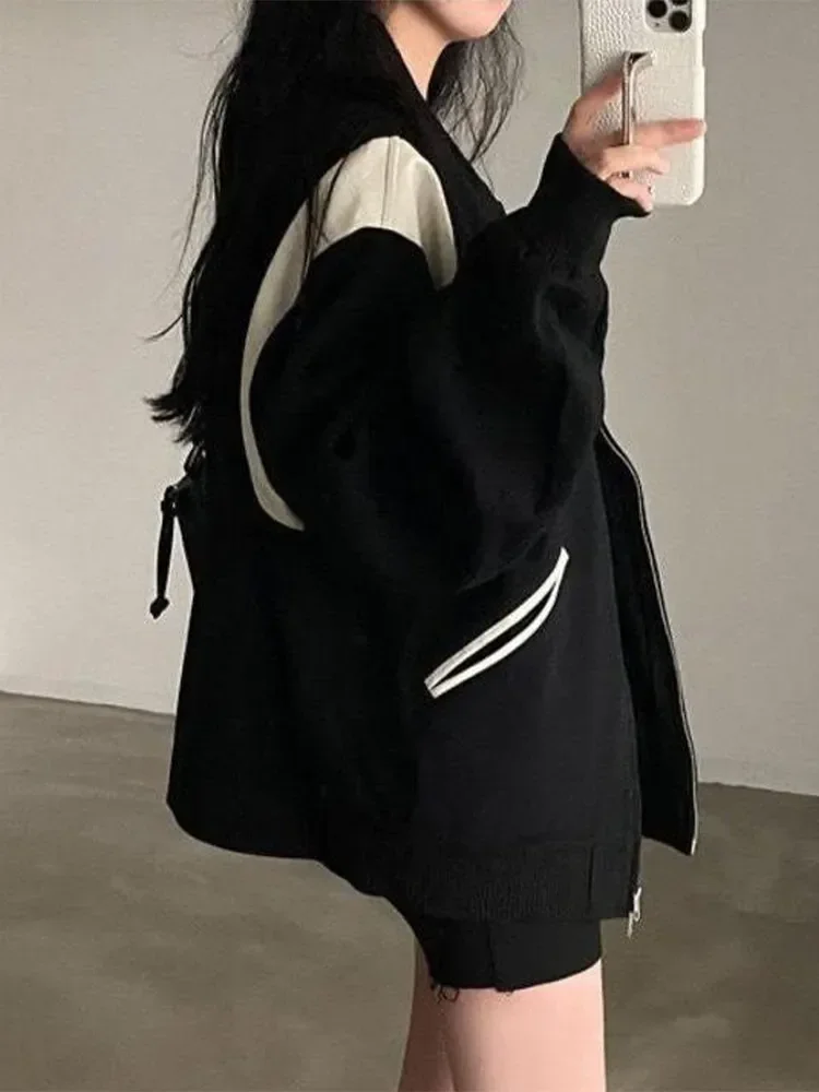 2023 Autumn Vintage Jacket Women Casual Zipper Black Patchwork Baseball Coat Korean Fashion Female Loose Oversized Clothing