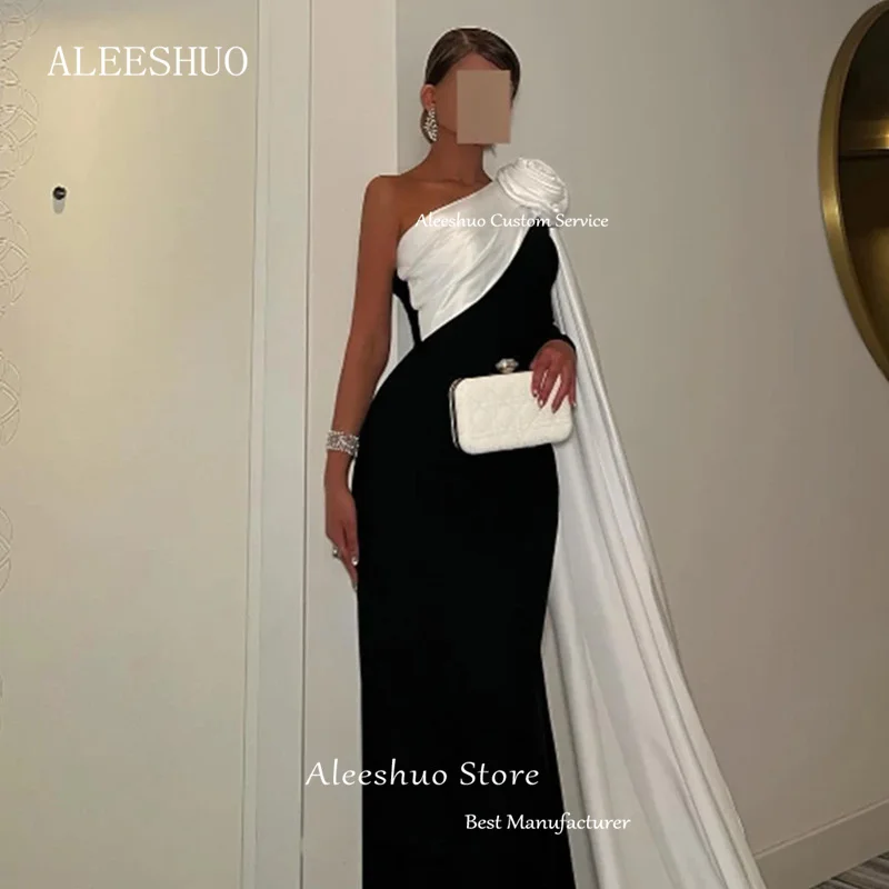 Aleeshuo Modern Black Mermaid Evening Dresses Satin One Shoulder Prom Dress Pleated Flower Party Dresses Court Train Customized