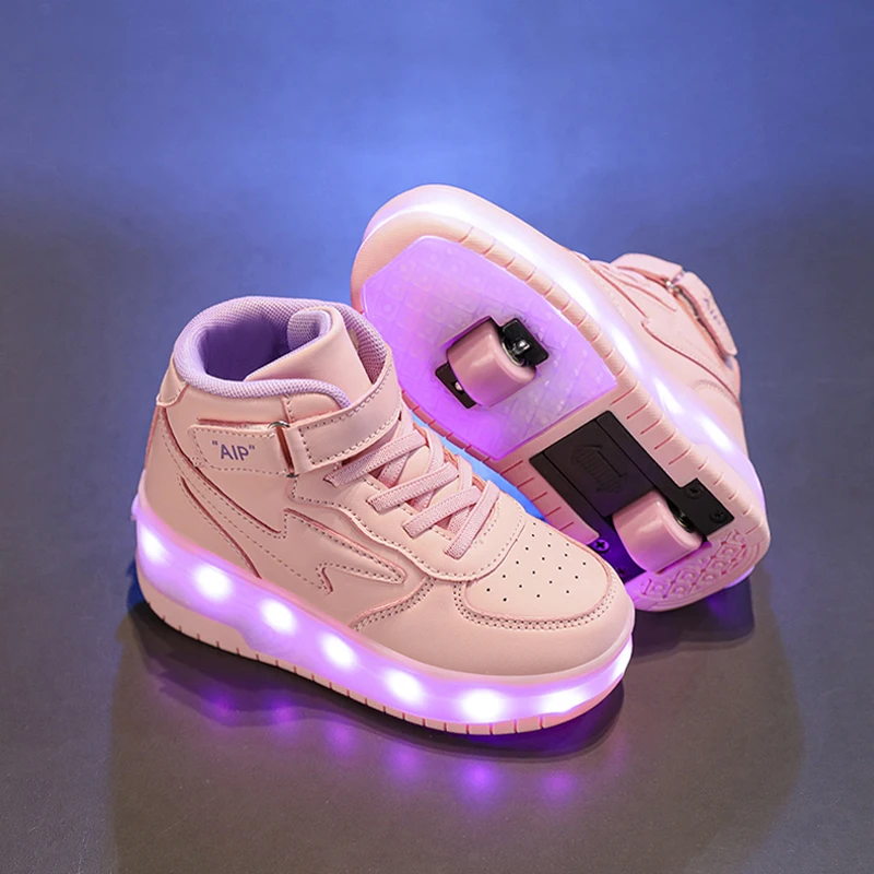 Children's LED Light Roller Skating Shoes High Top Fashion Two Wheel Stretch Breathable Skating Shoes Kids Sneakers for Girl Boy