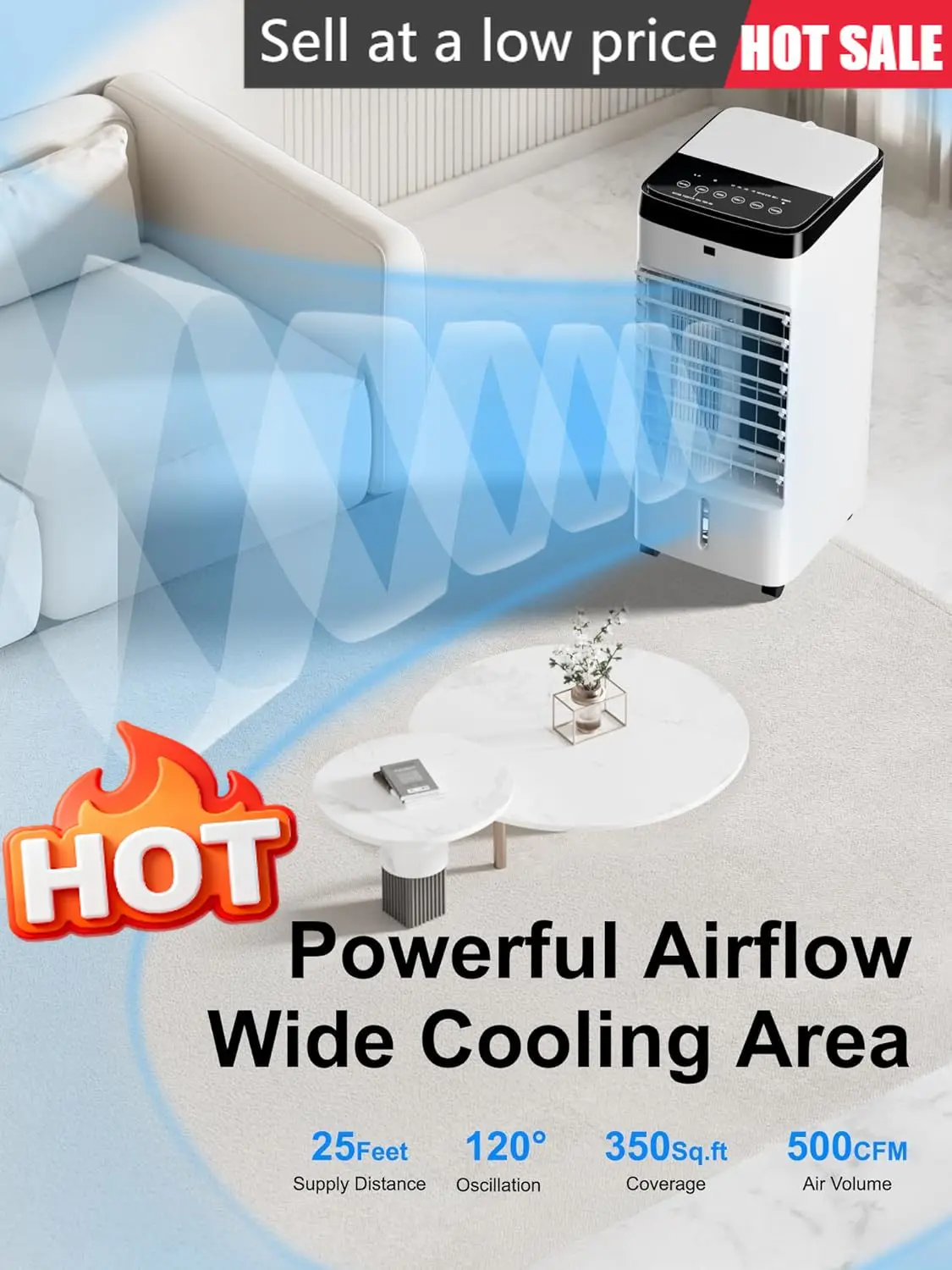 

Портативный безоконный кондиционер 3 в 1: испарительный охладитель воздуха с 6 охлаждающими элементами, 4 режима, вращение на 120 градусов, таймер на 12 часов