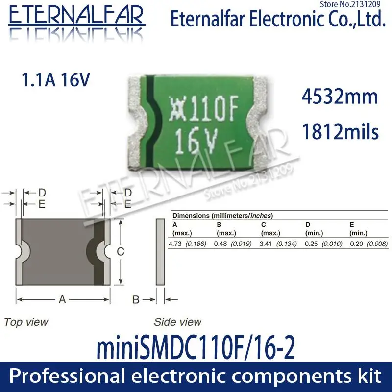 

PPTC Self-recovering Fuse 1812 mils 4532 mm MINISMDC110F/16 1.1A 16V Circuit Boards Digital Cameras Subnotebook Resettable Fuse