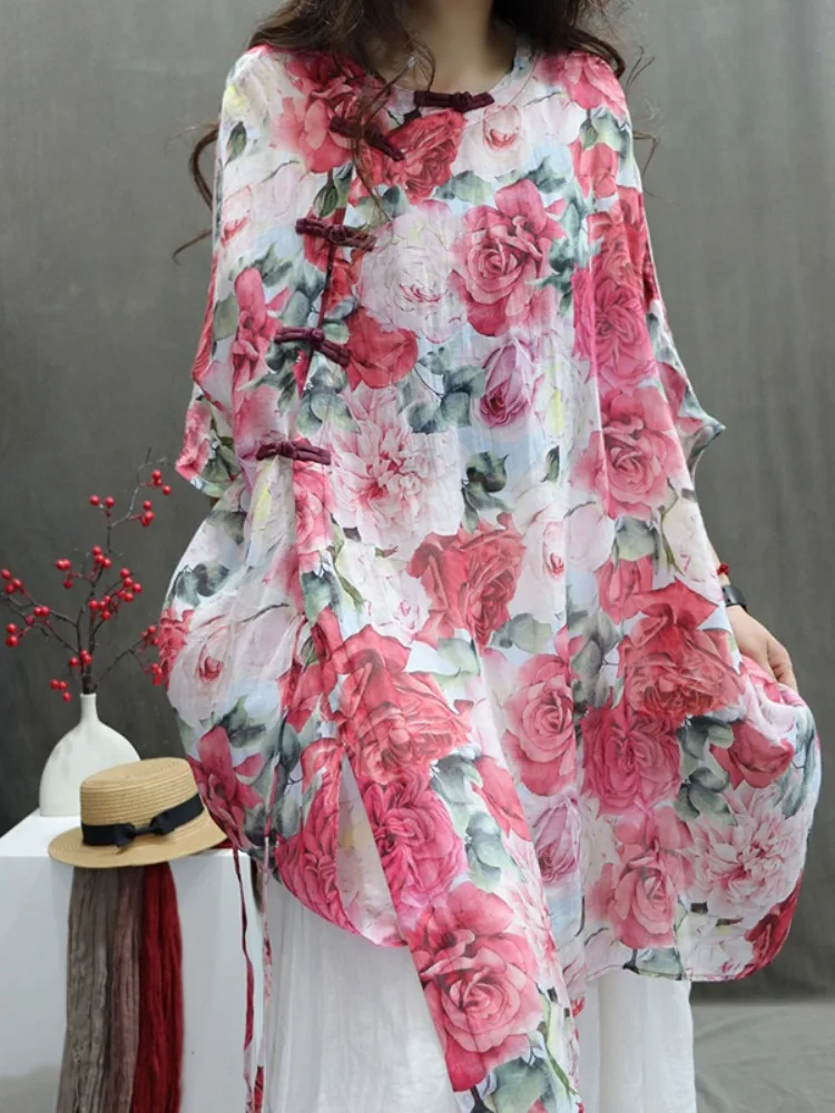 

Ретро-топ из хлопка и льна с принтом, женская летняя блузка с боковыми пуговицами и разрезом, улучшенная модель в стиле дзен, свободный крой, круглый вырез