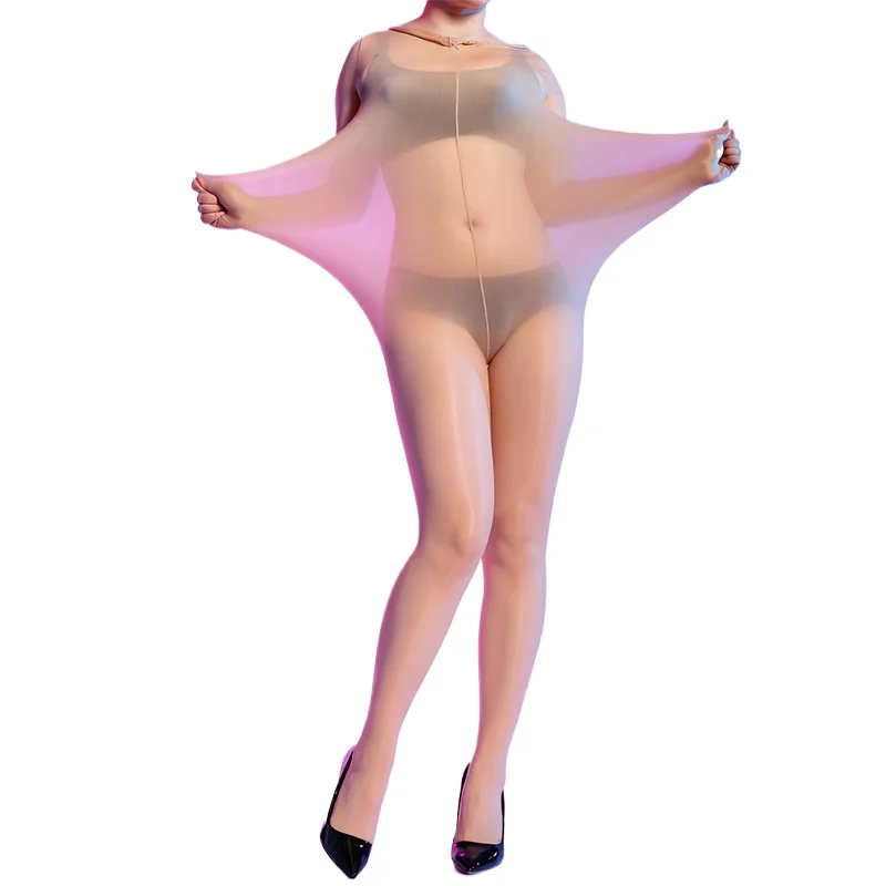 150kg Plus Size Women Sexy Full Body Stockings Oil Shiny Glossy Sheer See Through Jumpsuits Tights Shaping Thin Bodysuit Hosiery