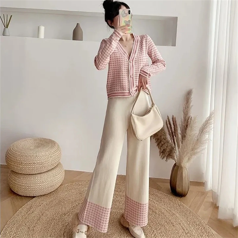 Loose Fashion Plaid Knitted 2 Piece Set Spring Fall Casual V-neck Short Cardigan Conjuntos Women Korean Wide Leg Pants Outfits