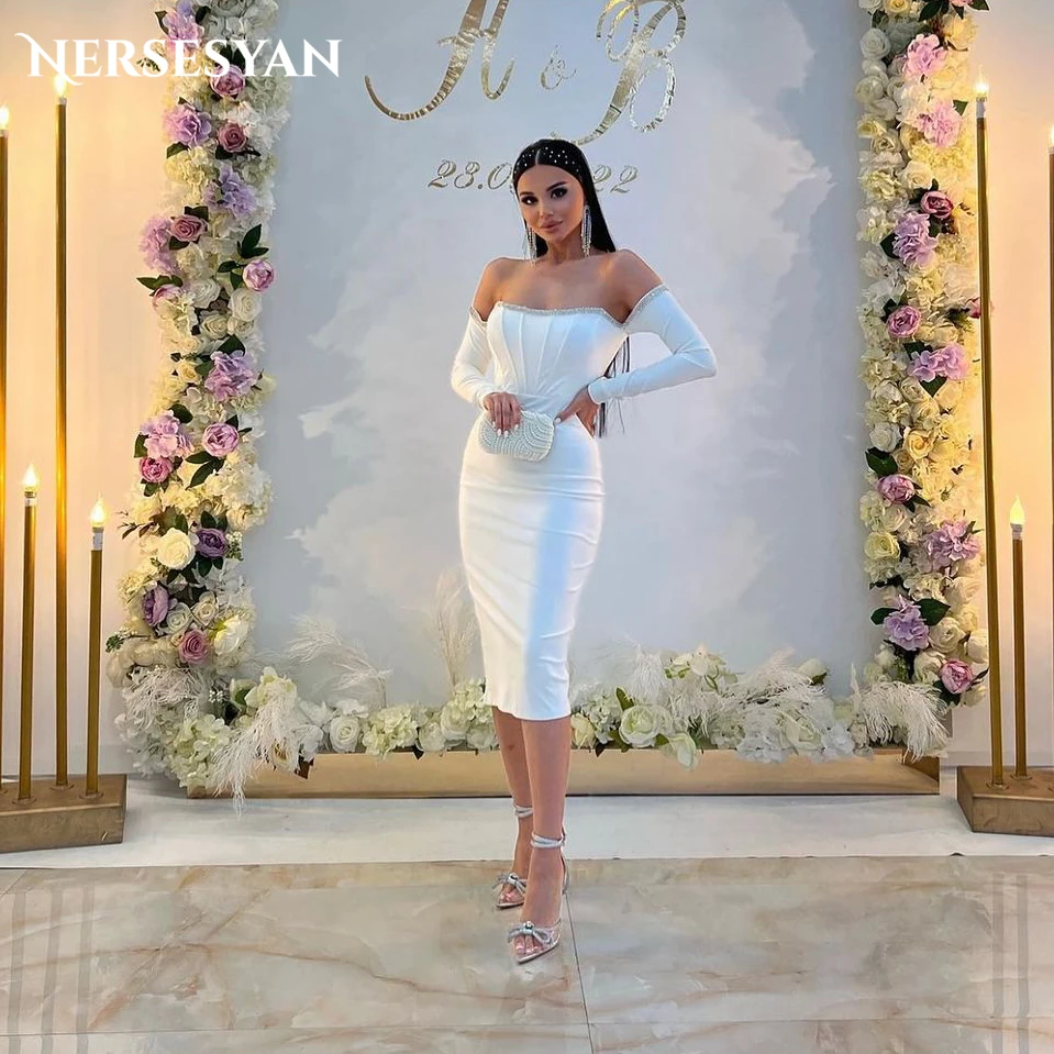 

Nersesyan Sexy Solid Wedding Dresses Knee Length Sheath Off Shoulder Glitter Bridal Gowns Long Sleeves Backless Bride Dress 2024