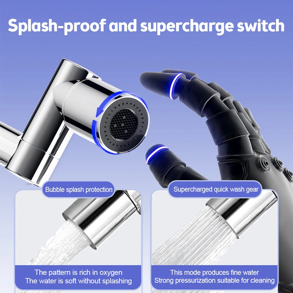 Universal Retractable Faucet Aerator 1440° Rotatable Robotic Arm Extender 2 Water Outlet Mode Bathroom Sink Swivel Splash Filter