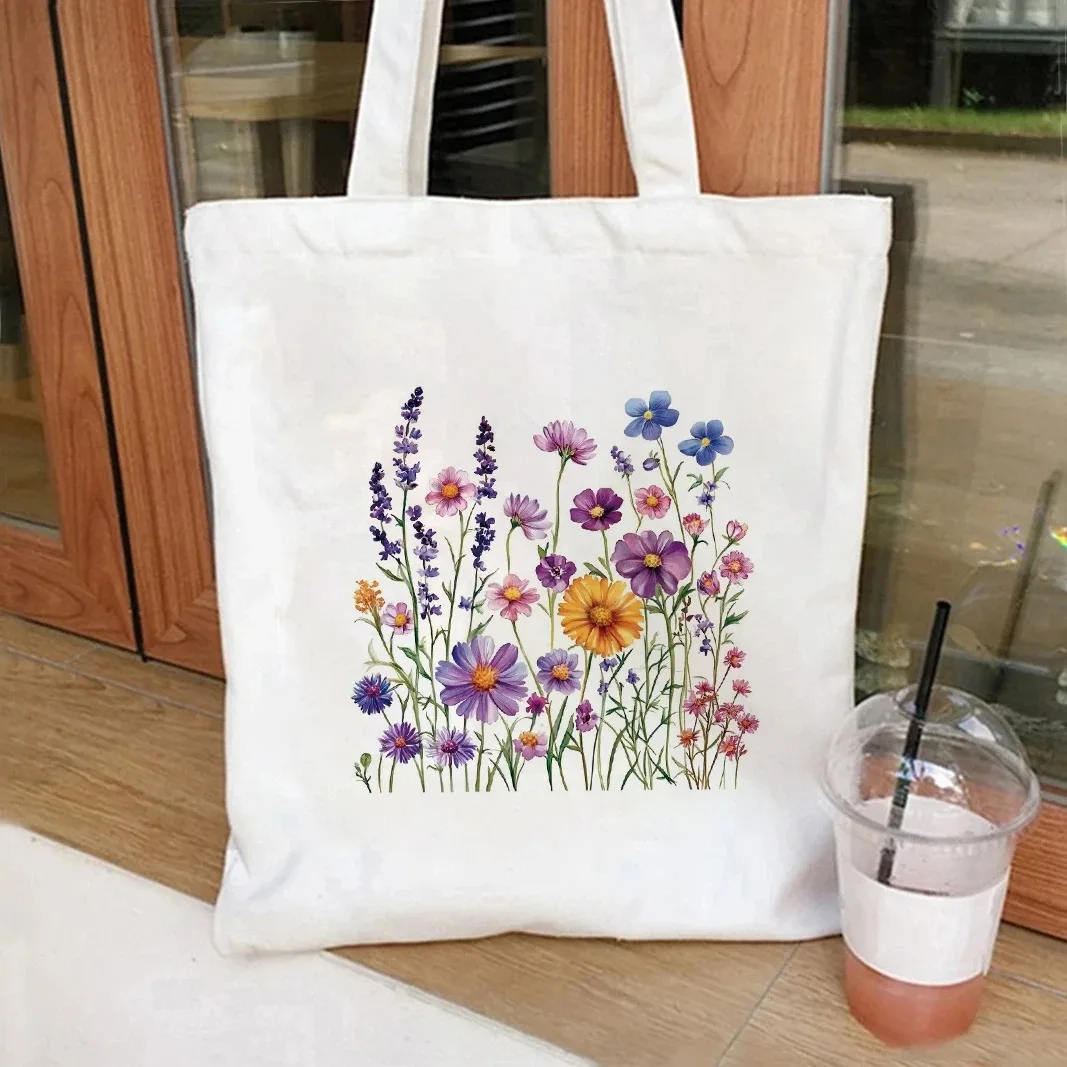 

Холщовая большая сумка с полевыми цветами, сумка для книг с цветочным принтом, милая сумка Cottagecore с полевыми цветами, модная женская сумка в ботаническом стиле в стиле бохо, подарочная сумка для покупок