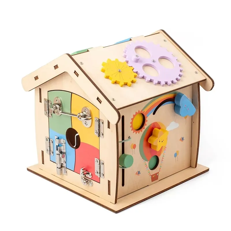 Busy House Wooden Busy Plank Toys Toddler Sensory House Activity Cube Toys Smart Unlock Box