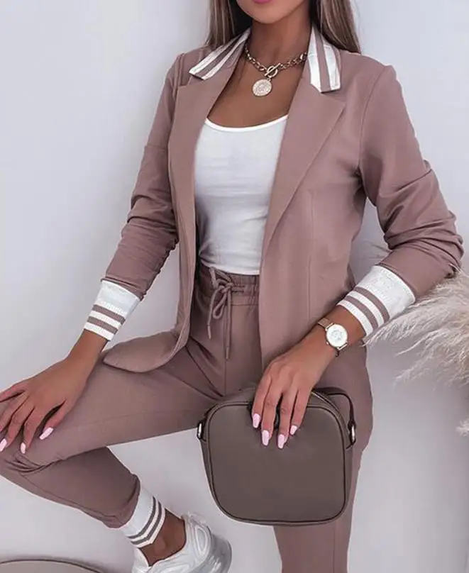 Striped Split Collar Suit Coat and Drawstring Pants Set Latest 2023 Fashion Women's Hot Selling Simple, Proud, and Generous