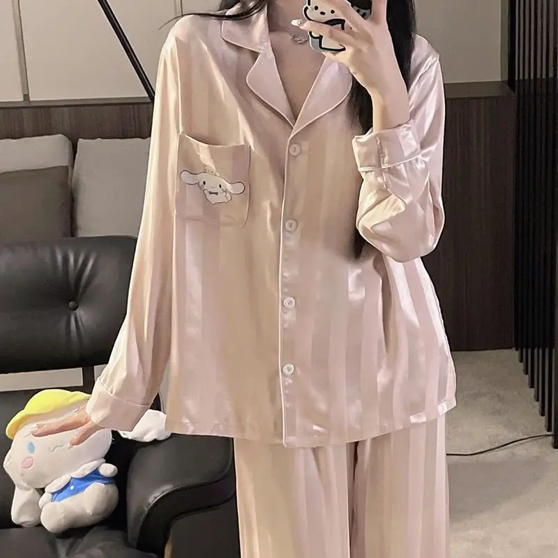 

New Sanrio Cinnamoroll Kuromi Pajamas Ice Silk Long-sleeved Trousers Cute Cartoon Pattern Summer Girls Can Wear Home Clothes Set