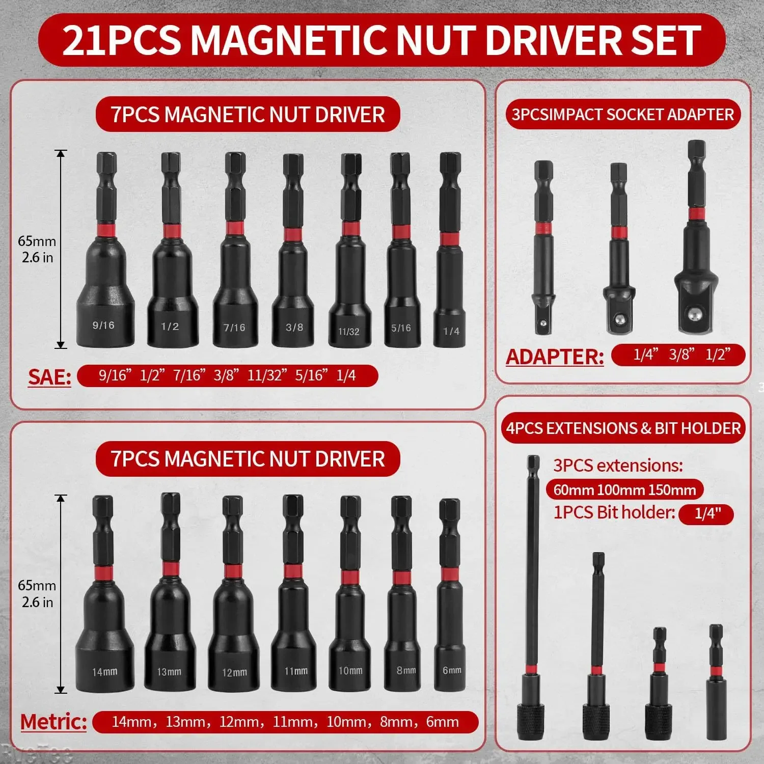 Magnetic Nut Driver 21PCS Set for Impact Drill 1/4 inch Hex Shank Metric SAE Nut Driver Quick Release Extension with Storage Bag