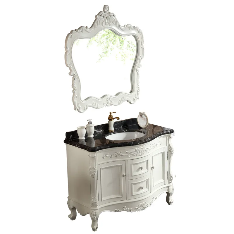 European Classical Luxury Solid Wood Lacquer Vanity with Marble Countertop Mirror Hotel Use Floor Mounted Adjustable Height