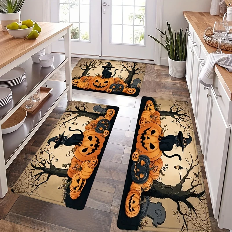 Halloween Kitchen Rug Set Witch Black Cat Pumpkin Spider Web Print Indoor Kitchen Entry Decor Floor Mats