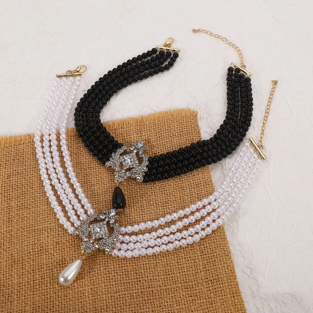 Temperament Korean Style Four-layer Necklace Neckchain Rhinestone Pearl Collar Choker Necklace Clavicle Chain Wedding