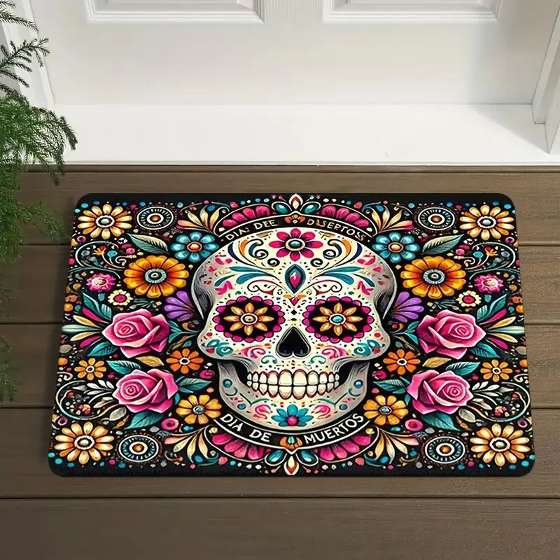 VIKAMA Day of The Dead Sugar Skull Doormat Colorful Flower Rose Pattern Non Slip Entrance Floor Mat Halloween Home Decor Rug