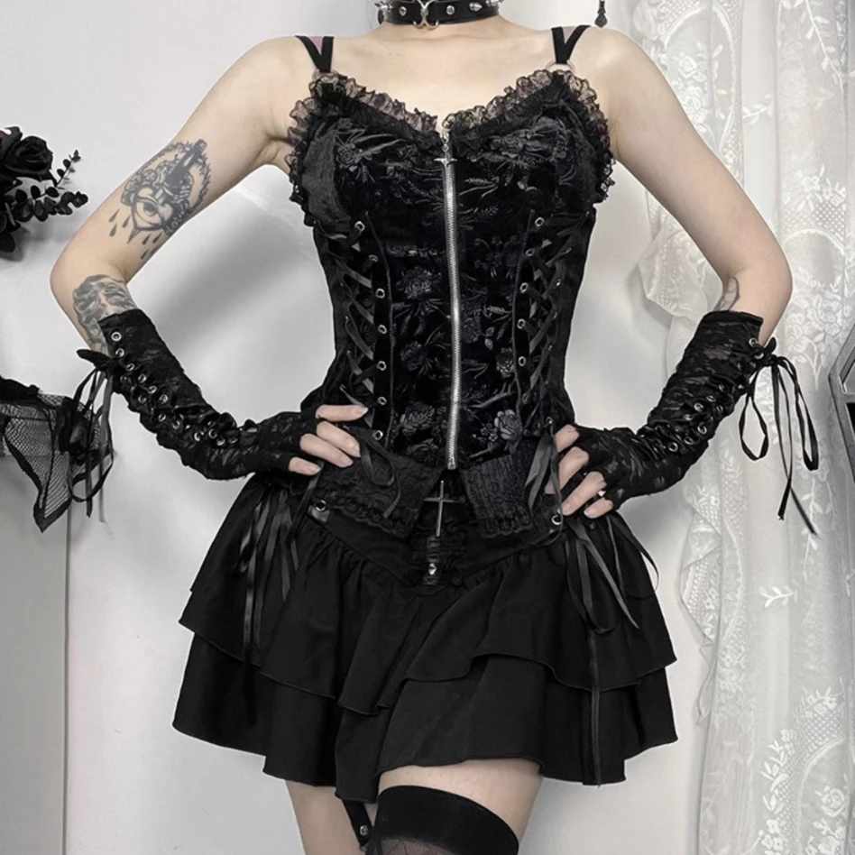 Goth Punk Cross Patchwork Pleated Skirts Mall Gothic Techwear Bottoms Grunge Aesthetic Women Bandage Mini Skirt Alt Clothes