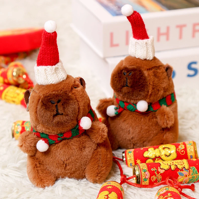 Christmas Hat Plush Capybara Doll Keychain Bag Charm Creative Stuffed Toy Backpack Pendant Xmas Birthday Gifts