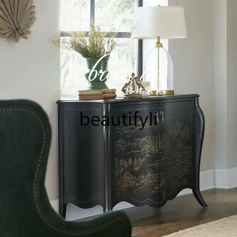 

Retro hand-painted entrance cabinet/French black solid wood double door side cabinet/American decorative cabinet07A