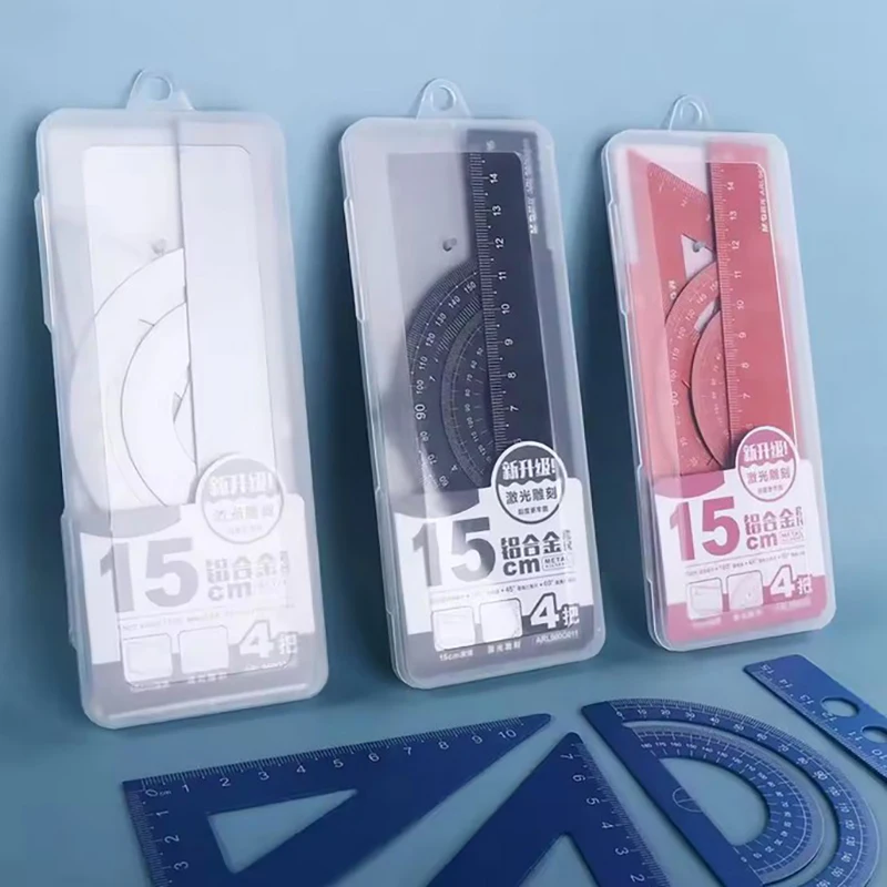 4Pcs/Set Aluminium Ruler Set Metal/Plastic/Soft Geometry Maths Drawing Compass Stationery Rulers Mathematical For School