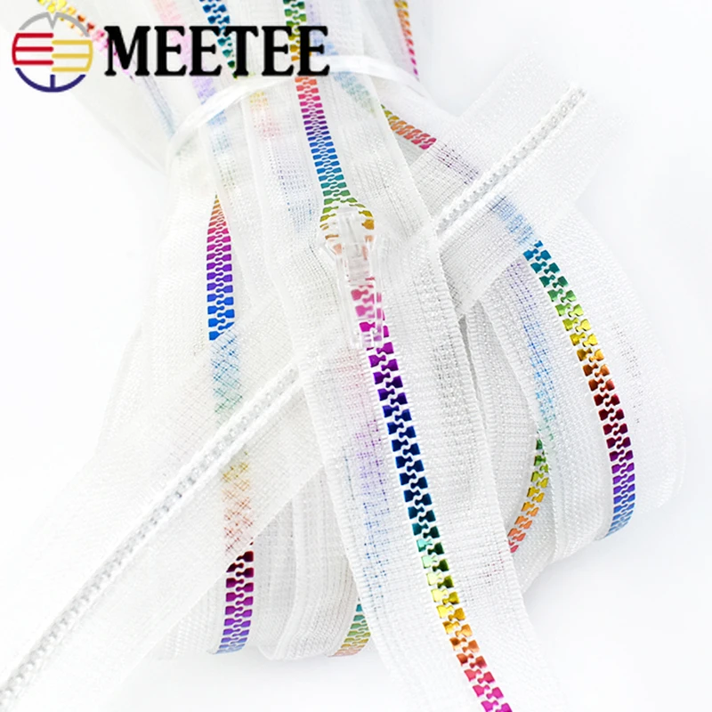 1/2/5Meters 5# Resin Zipper Tape Transparent Rainbow Decorative Zip with Zippers Slider Puller Clothes Zips Sewing Accessories