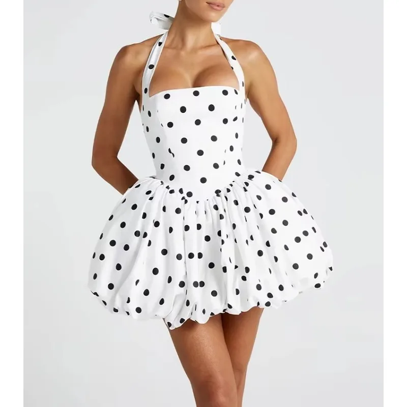 Print Polka Dot Short Dress Women Fashion Off-shoulder Sleeveless Backless High Waist A-line Club Party Dress