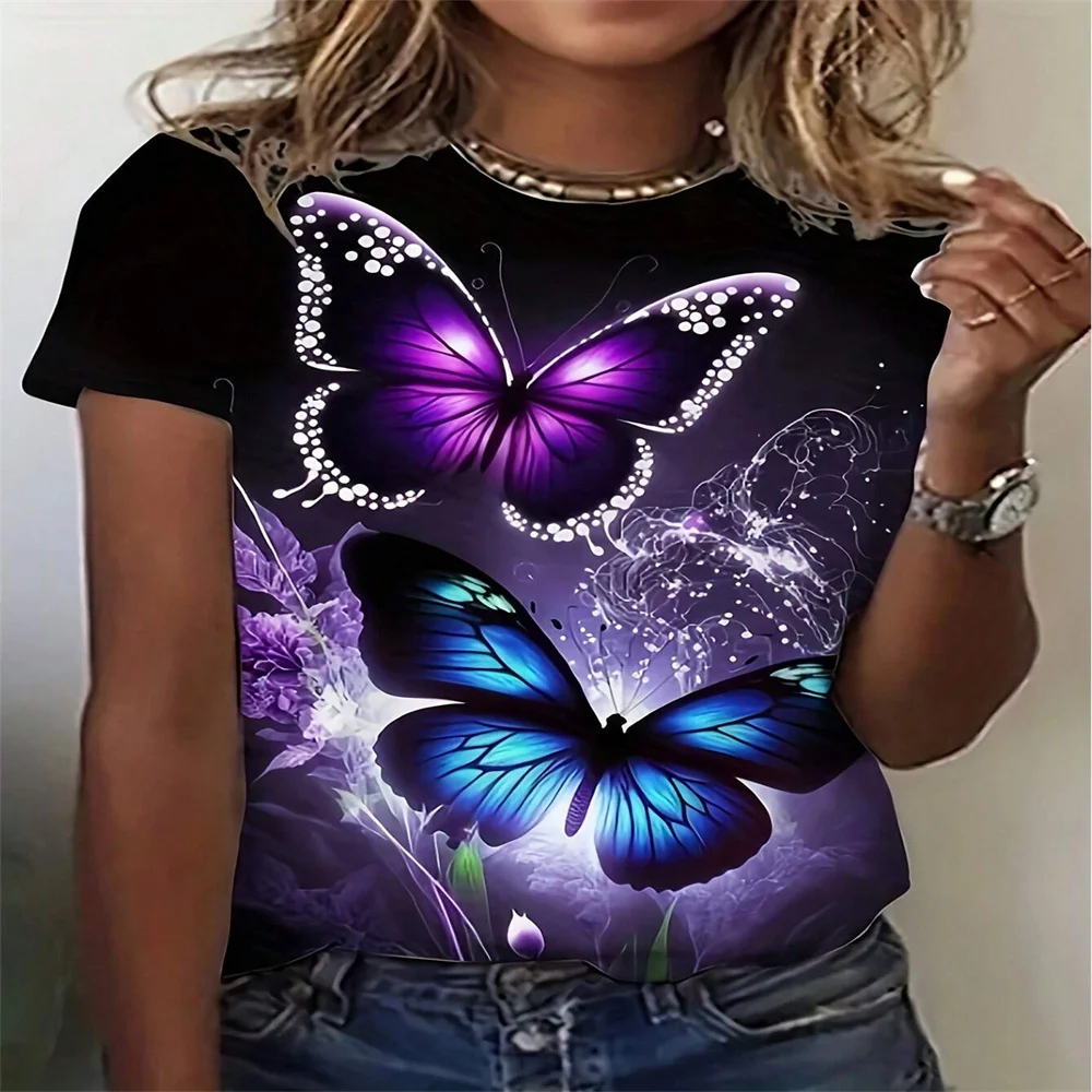 Round Neck Women's T-shirt Fashionable Trend Summer Casual Short Sleeved T-shirt Butterfly Print Round Neck Suitable For Daily