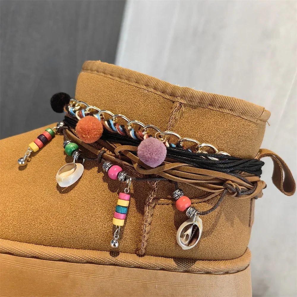 1 PCS Winter Snow Boots Shoes Chain Niche Maillard Ethnic Style Personalized Bead String Shoe Charms Shoes Decoration Accessorie