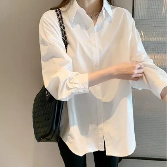 Uniform Shirt Basic Long-sleeved White Shirt Women's New Versatile Basic Overalls with Retro Shirt Women's